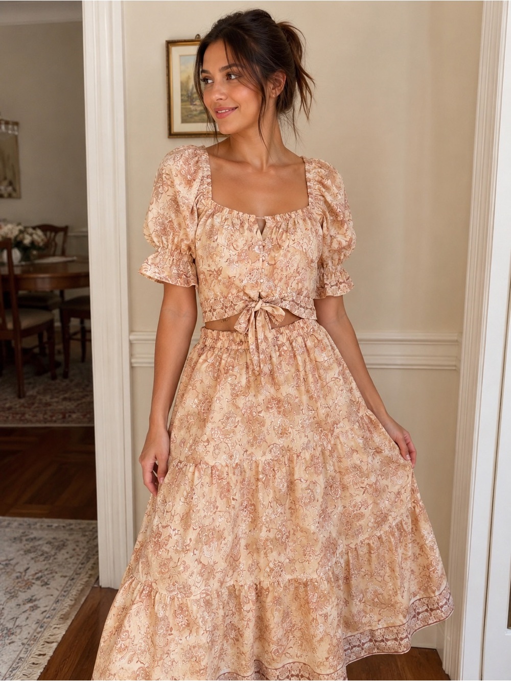 Blu Pepper Peach Floral Tie-Front two piece maxi skirt and top